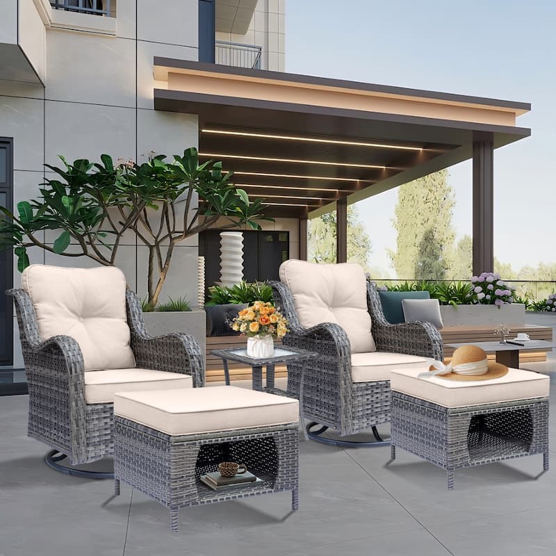 5 Piece Patio Furniture Set-Wicker Patio Swivel Chair Set with Ottoman - Beige-Gray Wicker