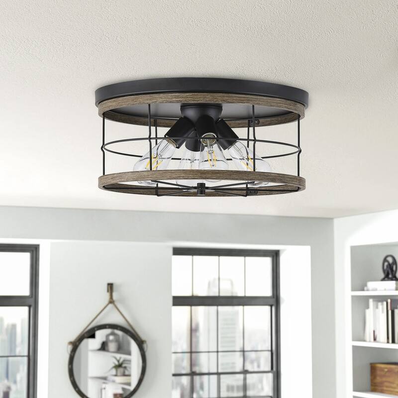 Farmhouse 4-Light Drum Metal Frame Flush Mount Ceiling Light with Wooden-Grain Cover