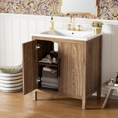 30" Wood Color Bathroom Vanity with Single Sink, Combination Under Counter Sink, Bathroom Storage Cabinet with Soft Closing Door