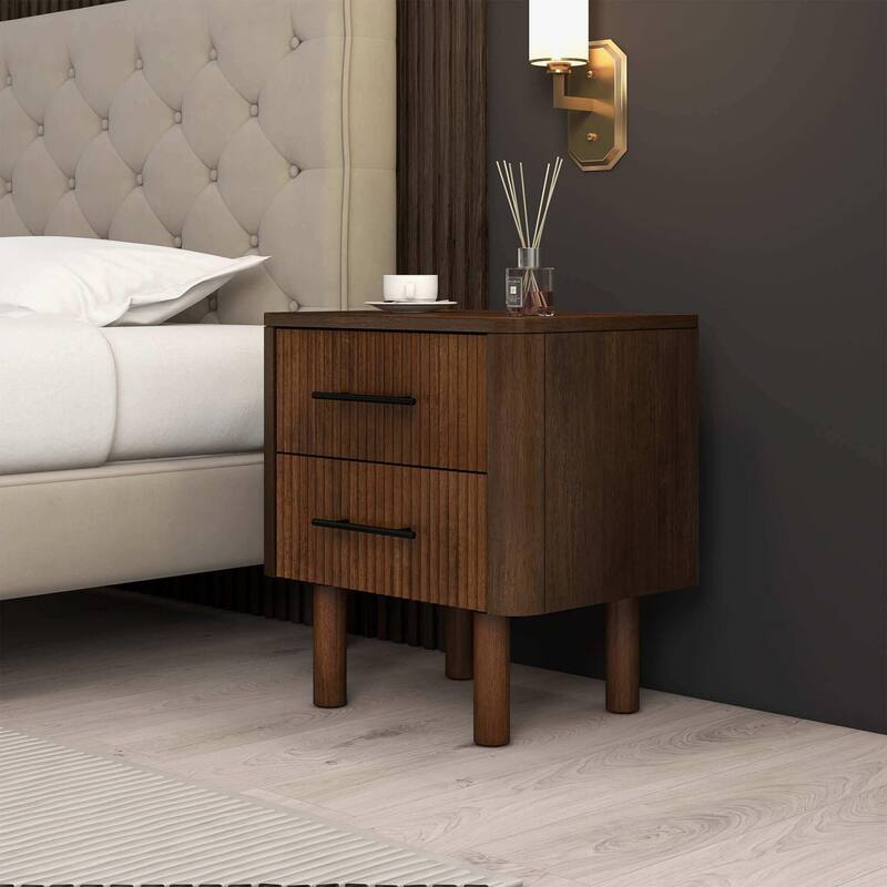 GDFStudio - Logan Mid-Century Modern Walnut Nightstand with Solid Wood Frame & 2 Storage Drawers