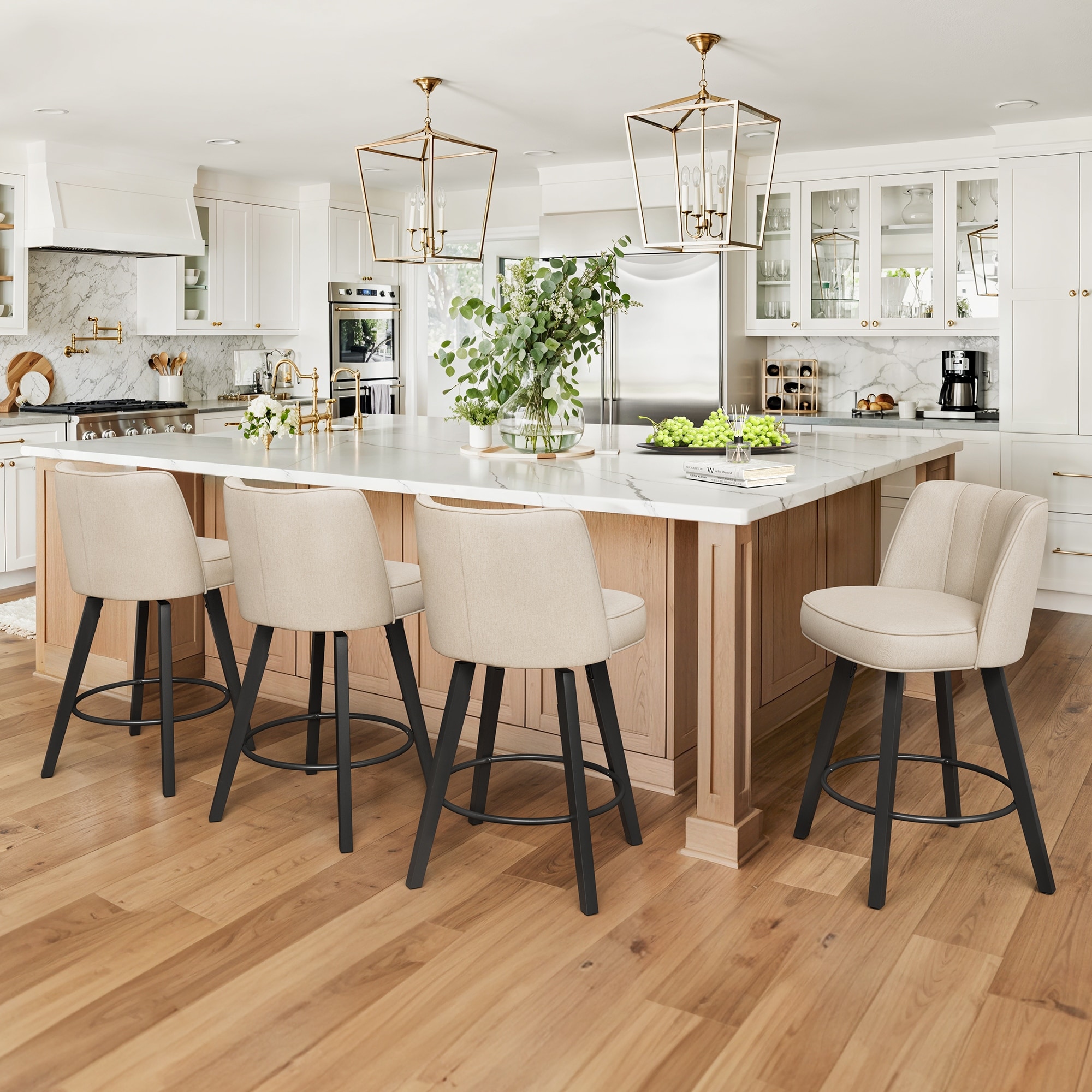 Modern Counter Height Swivel Bar Stools with Back, Upholstered Fabric Faux Leather Barstools Armless Set of 4