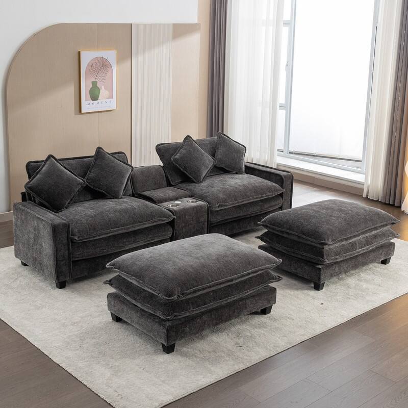 112.6 "Chenille Upholstered Sofa, Two Removable Ottomans, Two USB Ports