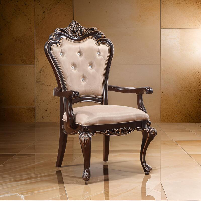 Leon 25 Inch Set of 2 Tufted Dining Armchair, Cherry Brown Wood, Beige Seat