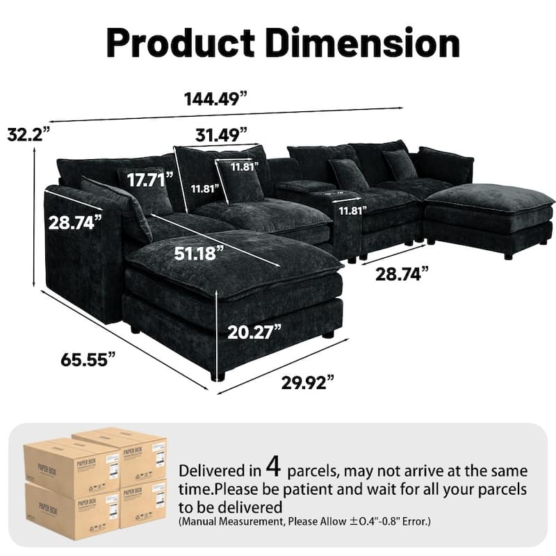 144" Modular 6-Seat U-Shaped Sectional Sofa with Movable Ottoman and Console, Cup Holders