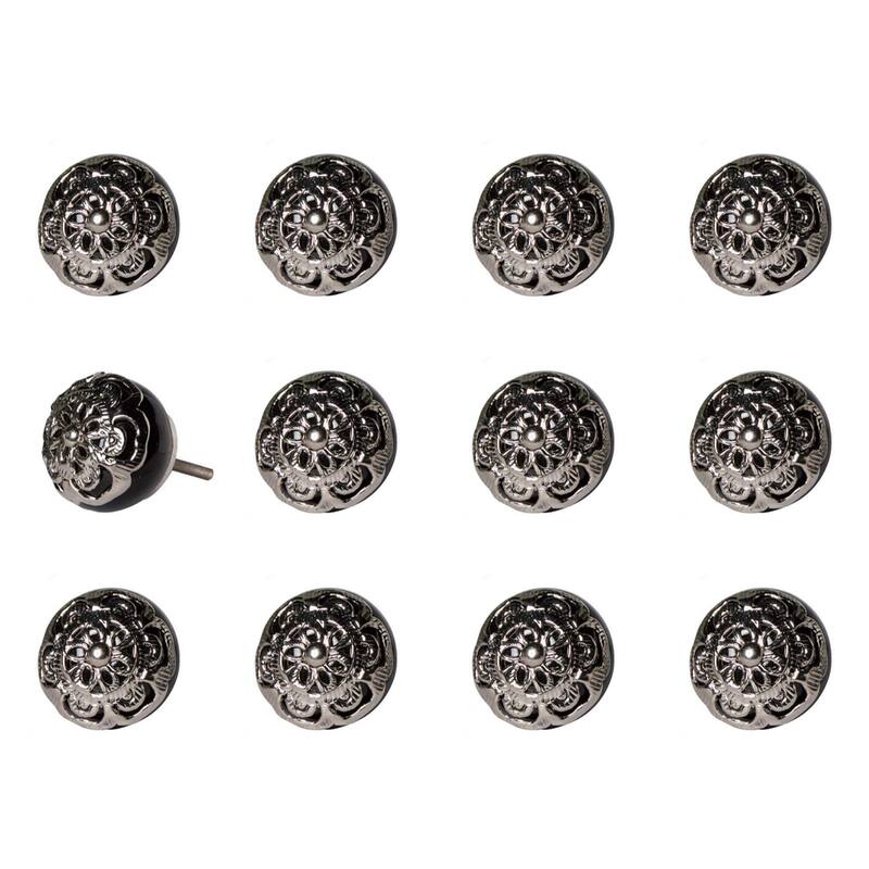 Set of 12 Decorative Round Ceramic Drawer Pulls with Silver Backplate for Kitchen and Living Room - 1.5” x 1.5” x 1.5”