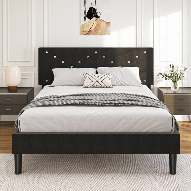 GDFStudio Modern Bed Frame with Velvet Headboard - Queen
