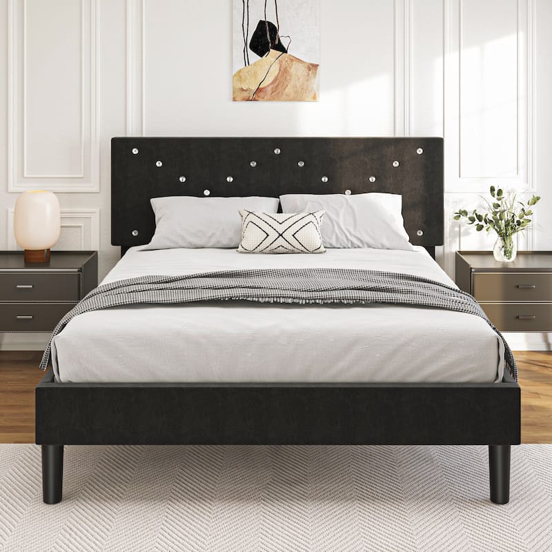 Twin Upholstered Platform Bed with Padded Headboard, Metal Frame,Gray - Black - Queen