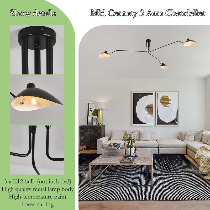 Mid Century Chandelier Modern 3 Arm Ceiling Light Fixture Small Size 70.47x17.72x17.72in