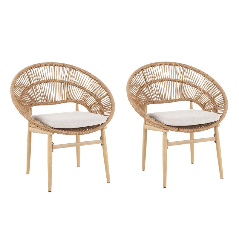 Roomfitters Cyril Outdoor Wicker Papasan Dining Chairs with Teak Finish Legs, Light Brown and Beige