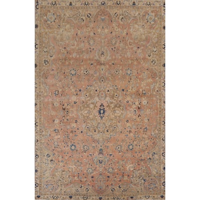 Floral Mashad Vintage Persian Area Rug Hand-Knotted Wool Carpet - 7'0" x 10'1"