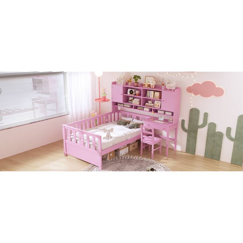 Twin Multifunctional Wood Bed with Bookshelf & Desk