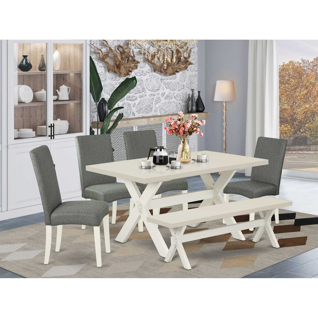 HomeStock 6-Pc Rectangle Natural Oak Finish Solid Wood Top Dining Table with 1-Bench, 4-Chairs