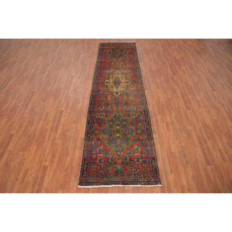 Hand Knotted Oriental 100% Wool Carpet Traditional Floral Oranges & Rust Heriz Runner Rug - 12' 5'' X 3' 4''