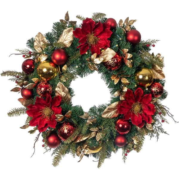 slide 2 of 9, 30 in. Lighted Christmas Wreath - Golden Leaf Red Magnolia - 30 Inch