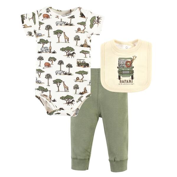 slide 1 of 1, Hudson Baby Infant Boy Cotton Bodysuit, Pant and Bib Set, Going On Safari 0-3 Months - Going On Safari