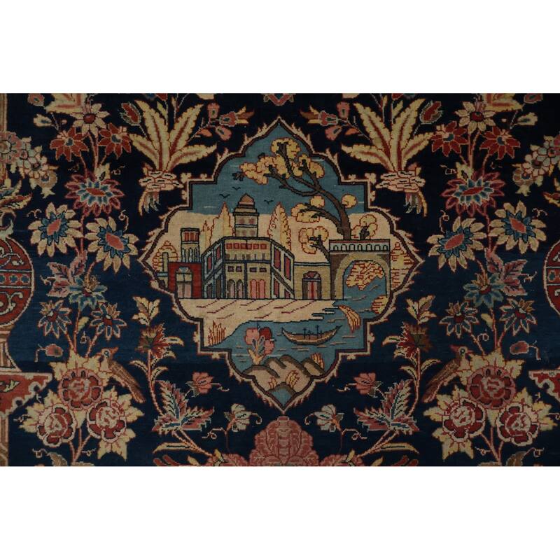 Hand Knotted Oriental 100% Wool Carpet Traditional Floral Navy Blue & Blues Kashan (Dabir) Area Rug - 7' 1'' X 4' 2''
