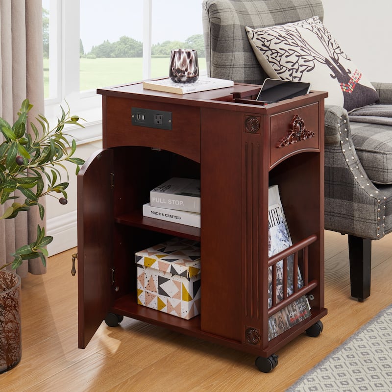 Traditional End Table with Charging Station and Storage, Ideal for Bedroom and Living Room