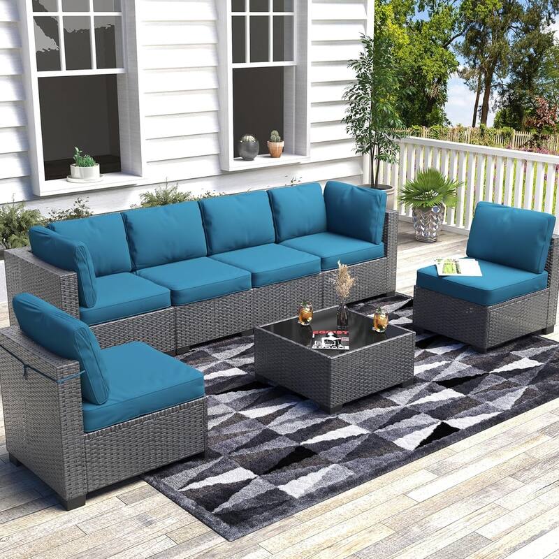 7-Piece Patio Conversation Sofa Set with Cushions and Glass Top Coffee Table - Dark Curry + Peacock Blue