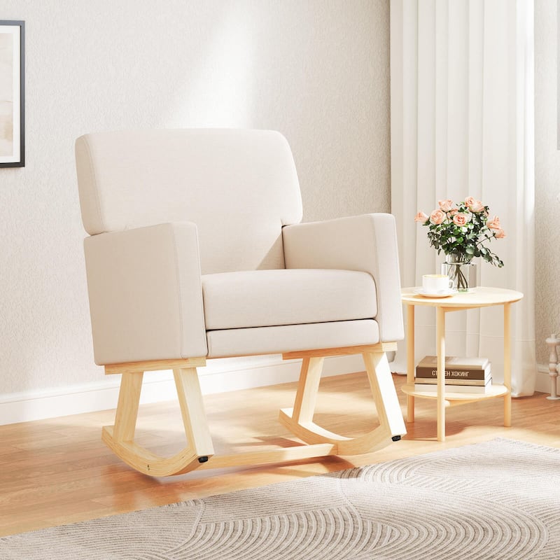 Costway Mid Century Rocking Chair Upholstered Armchair w/ Lumbar - Beige