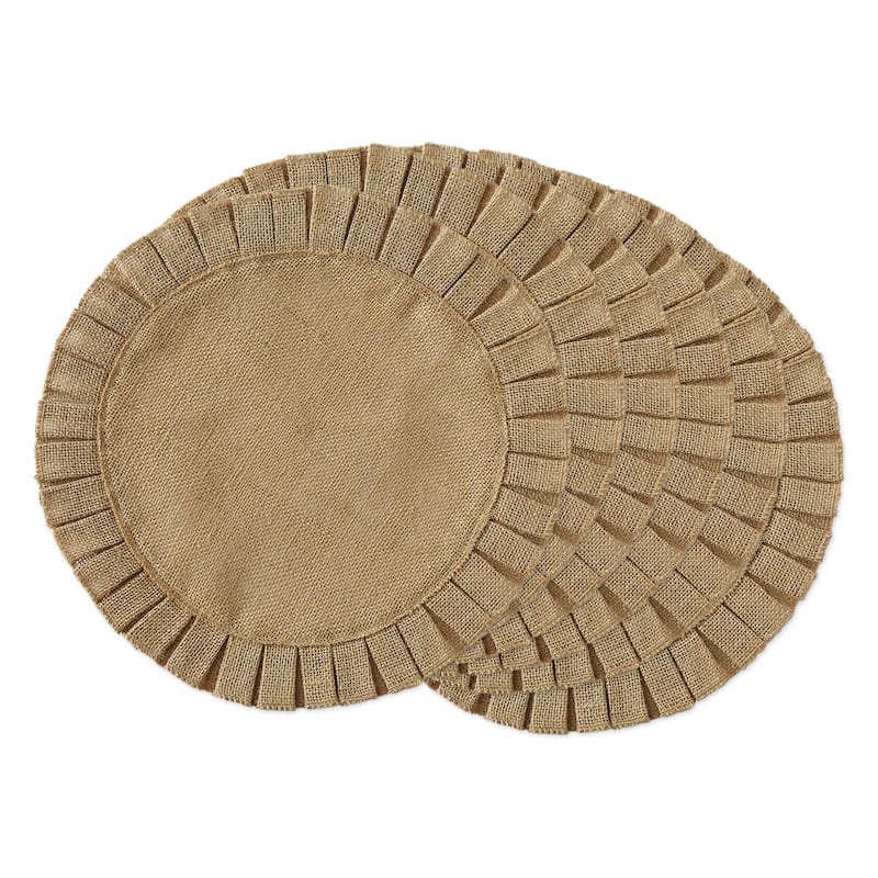Jute Burlap Round Ruffle Placemat Set (Set of 6) - Placemat Set, 15" Round - Placemat Set, 15" Round - Set of 6 - Ruffle Trim Natural