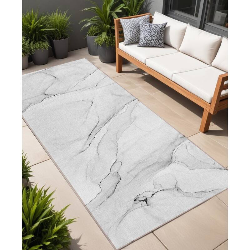 Alrim Artistic Abstract Weather Resistant Blended Style Outdoor Rug - 8' Runner - Grey