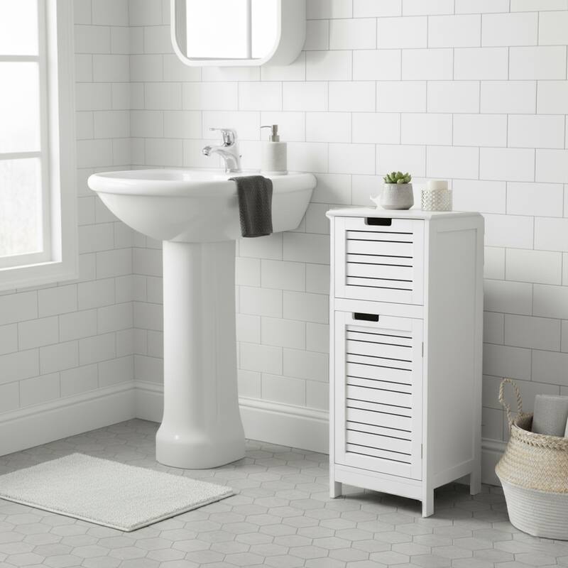 Miami White Bathroom Linen Storage Cabinet Vented Door and Drawer - 14.7"L x 11.13"W x 32.12"H