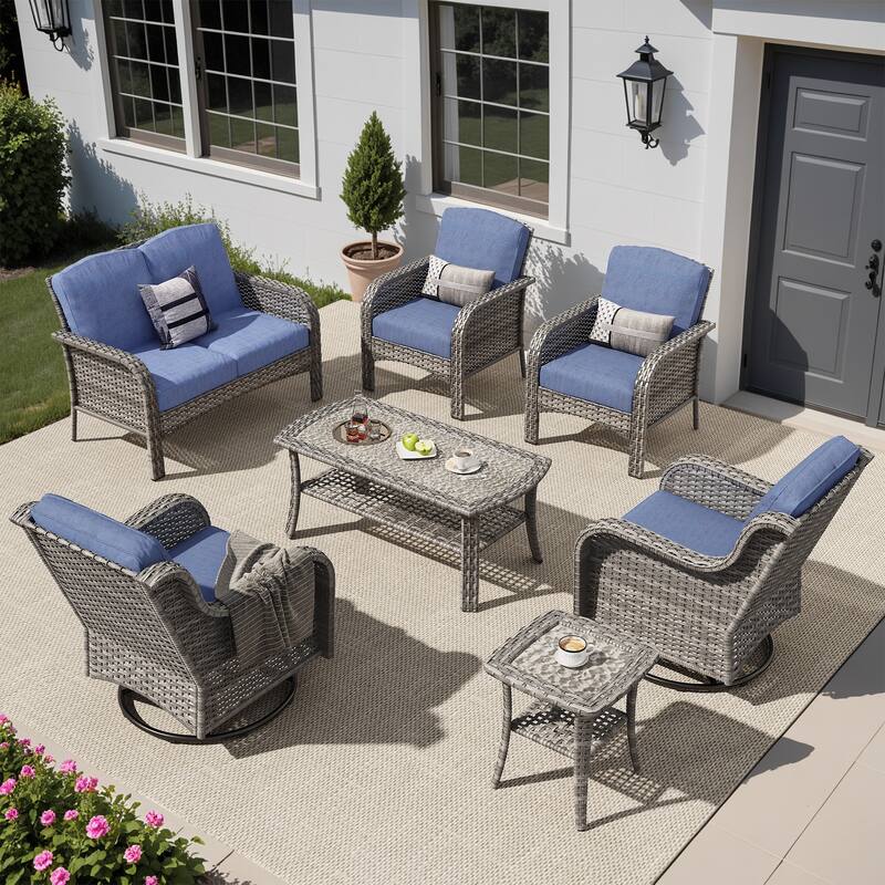 OVIOS 7 Pieces Outdoor Patio Swivel Chair Loveseat Conversation Set - Denim Blue