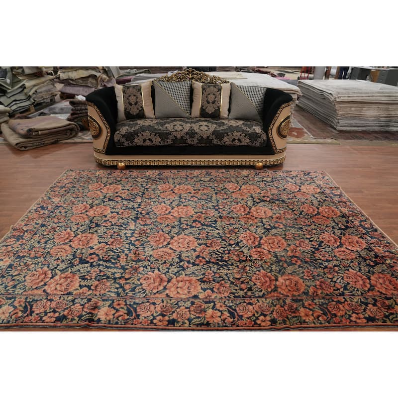 Hand Knotted Oriental 100% Wool Carpet Traditional All-Over Navy Blue & Blues Senneh Area Rug - 10' 5'' X 7' 1''