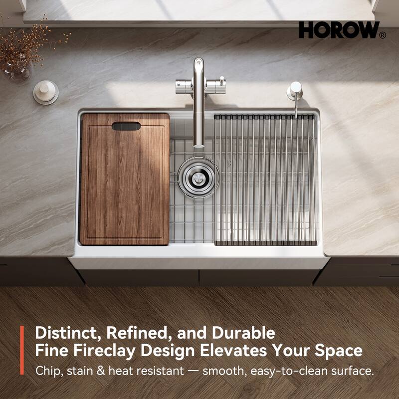 HOROW 33 in. Farmhouse Single Bowl White Ceramic Kitchen Sink with Front Apron, Workstation, Bottom Grid and Strainer