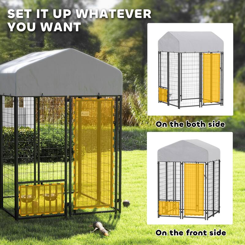 PawHut Outdoor Dog Kennel, Dog Run Welded Wire Heavy Duty with Rotatable & Height Adjustable Bowls, Dog Kennel Outside