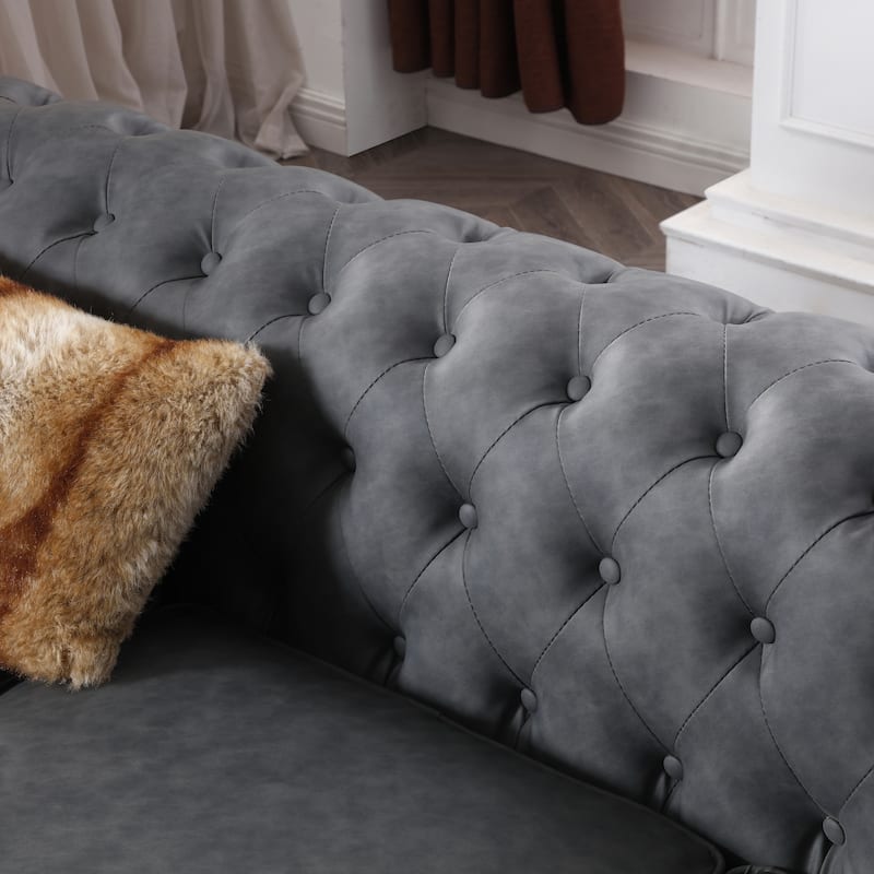 Faux Leather Upholstered 3-Seater Living Room Sofa with Button and Copper Nail on Arms, Classic Chesterfield Sofa