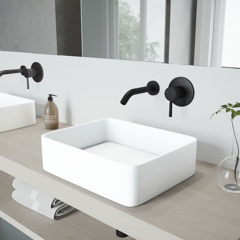 VIGO Jasmine 18"L x 15"W MatteStone Vessel Sink and Olus Wall Mount Faucet Set - White
