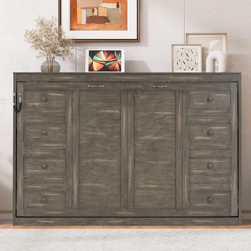Twin Size Wall Murphy Bed Chest with LED Lights, Wood Hideaway Wall Bed Cabinet, Foldable into a Cabinet