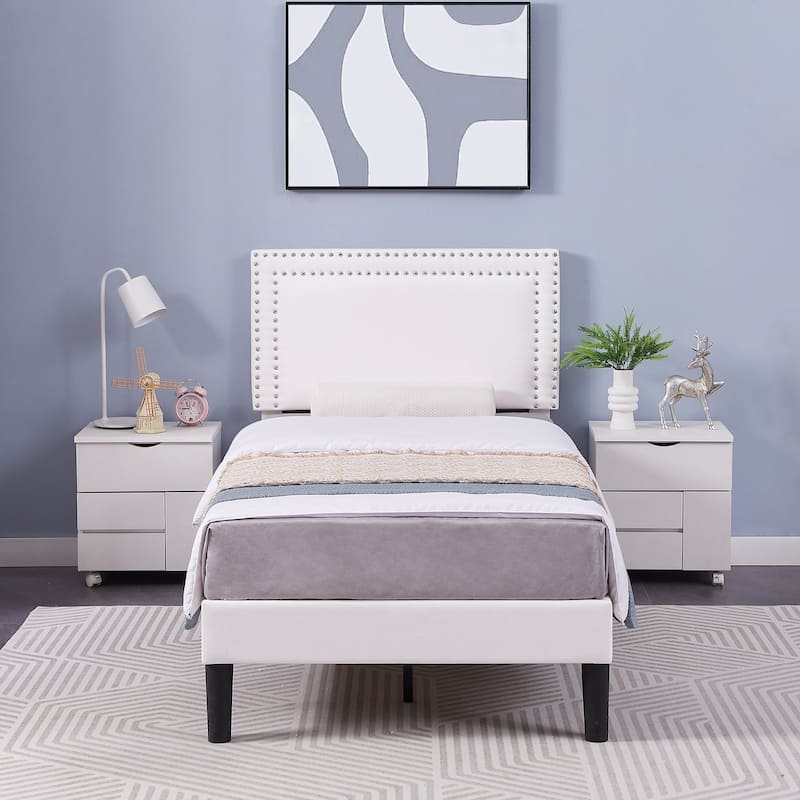 VECELO Upholstered Bed Frames with Height Adjustable Headboard - White - Twin