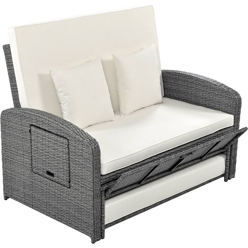 Outdoor Patio Rattan Double Reclining Daybed with Adjustable Back and Cup Trays, Free Protection Cover