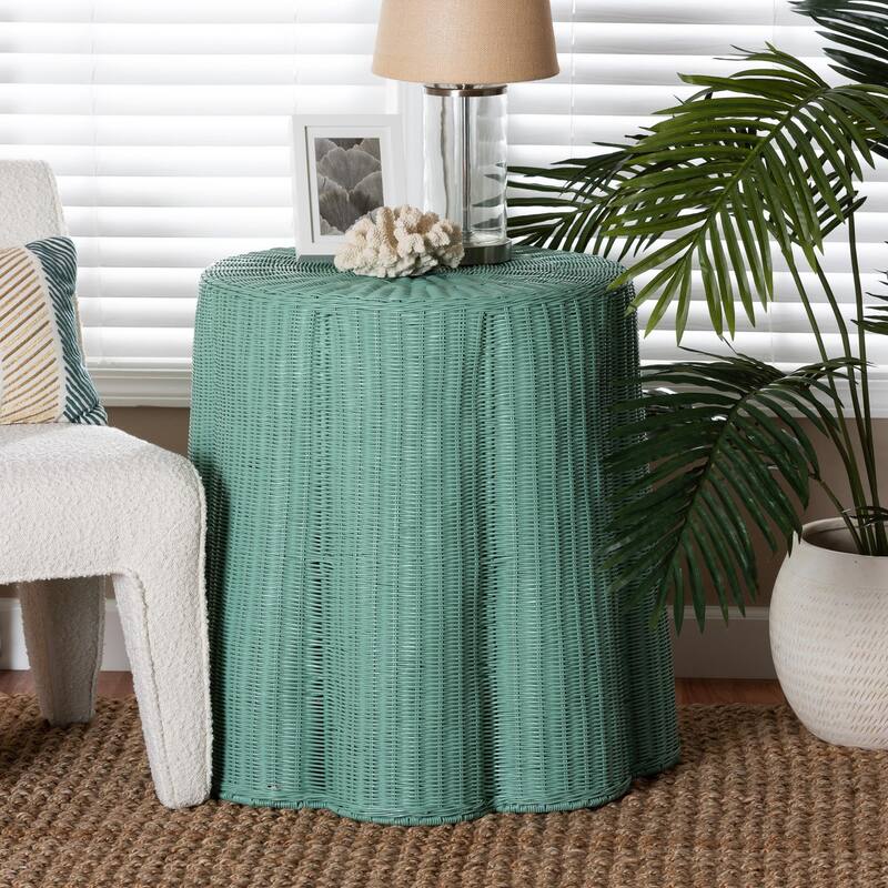 Palm Scallop Natural Rattan Console Table – Handwoven Wicker Round Accent Table for Living Room or Sunroom, Coastal Boho Style