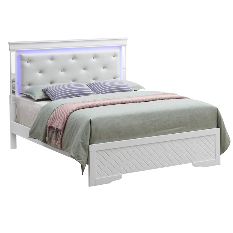 Jewel Tufted Queen Panel Bed with LED Lights - 85" - Silver Champagne