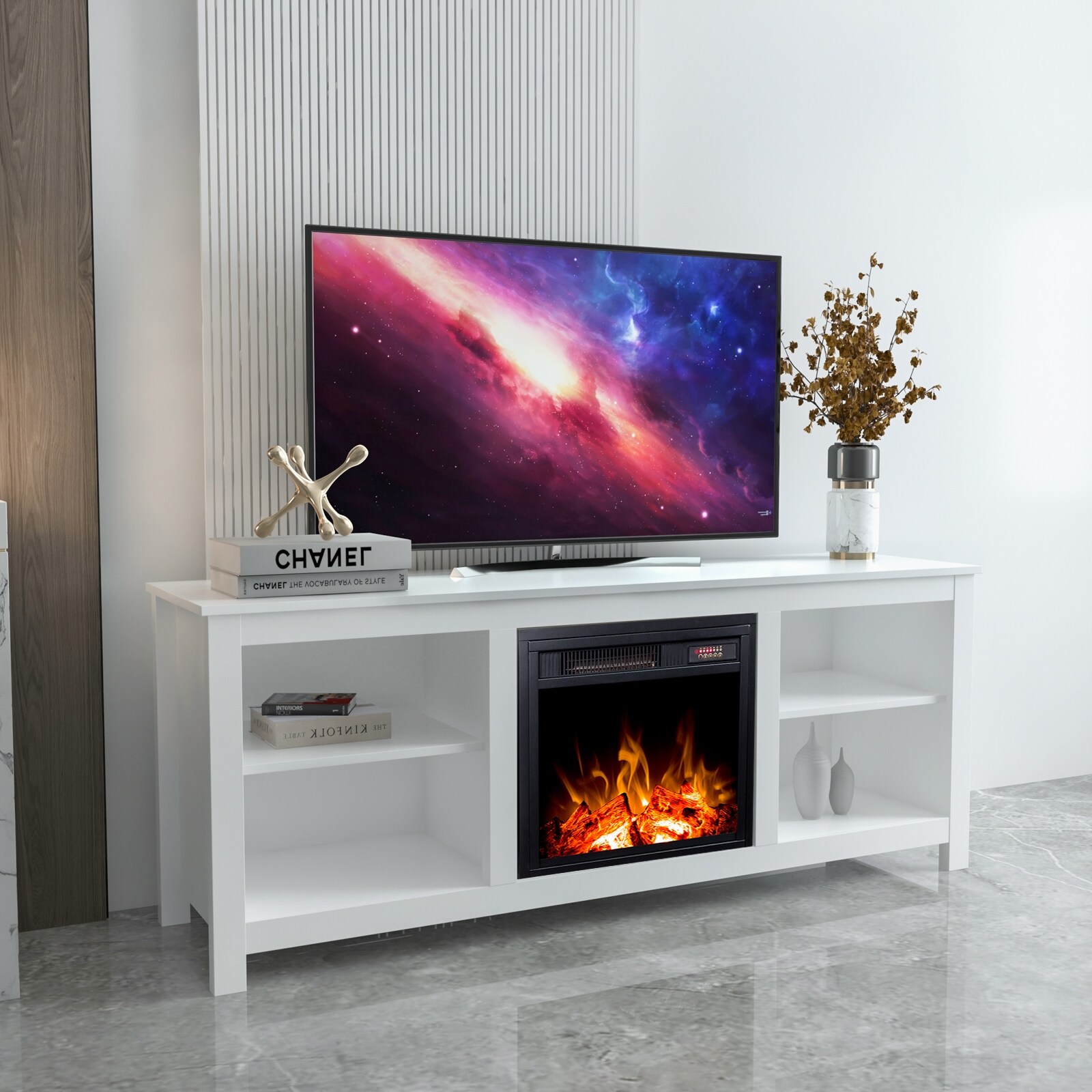 Modern Adjustment Electric Fireplace TV Console MDF Panel TV Stands Durable  u0026 Sturdy Frame TV Stand with Open Separator - Bed Bath u0026 Beyond - 36308740