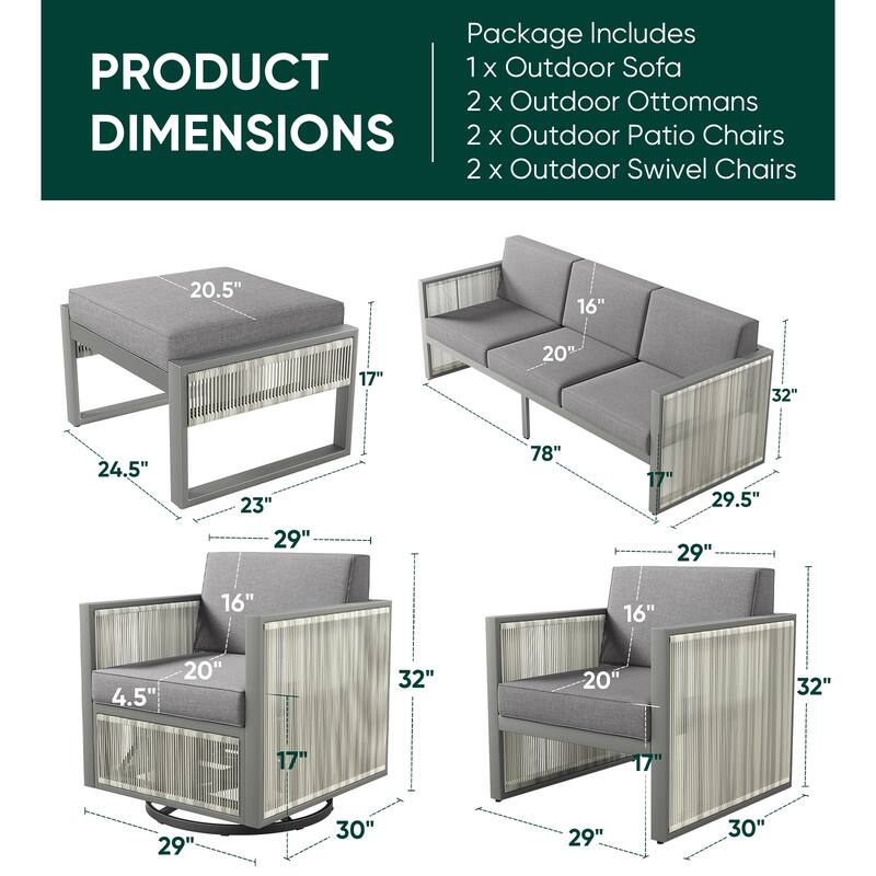Pocassy 7-Piece Outdoor Sofa Swivel Chair with Ottoman