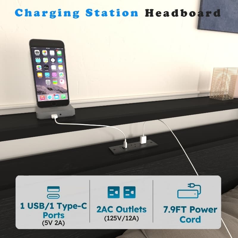 Full Size Bed Frame with Storage Drawers, LED Headboard, Charging Station, Noise-Free, Black