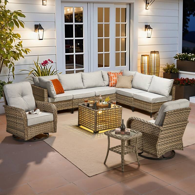 HOOOWOOO 10-piece Outdoor Furniture Wicker Swivel Rocking Chair Set - Grey