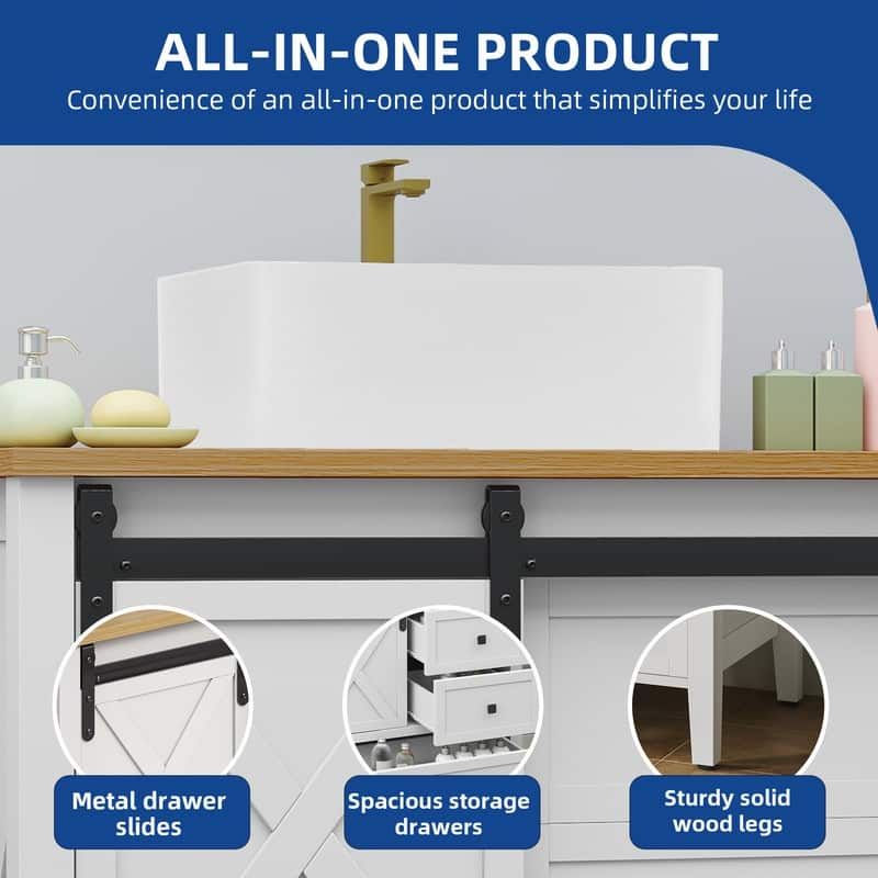 Moasis Farmhouse Bathroom Vanity Cabinet with Ceramic Sink Basin and Sliding-Door Cabinet & 3 Drawers