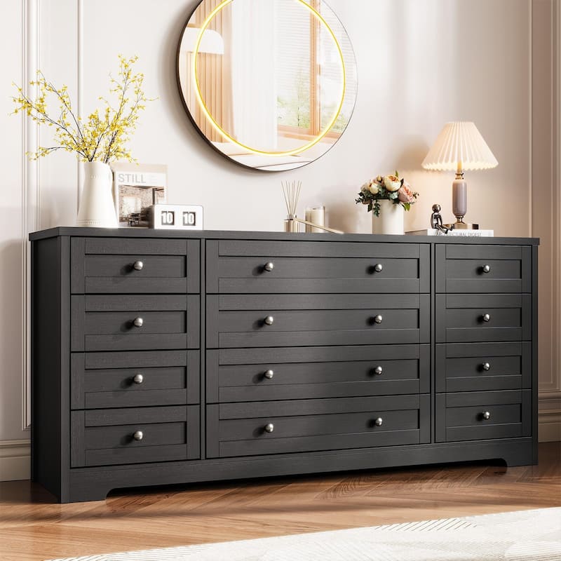 12 Drawer Dresser for Bedroom, Modern Wood Chest with Wide Top for 65" TV, Farmhouse Storage Cabinet - Black