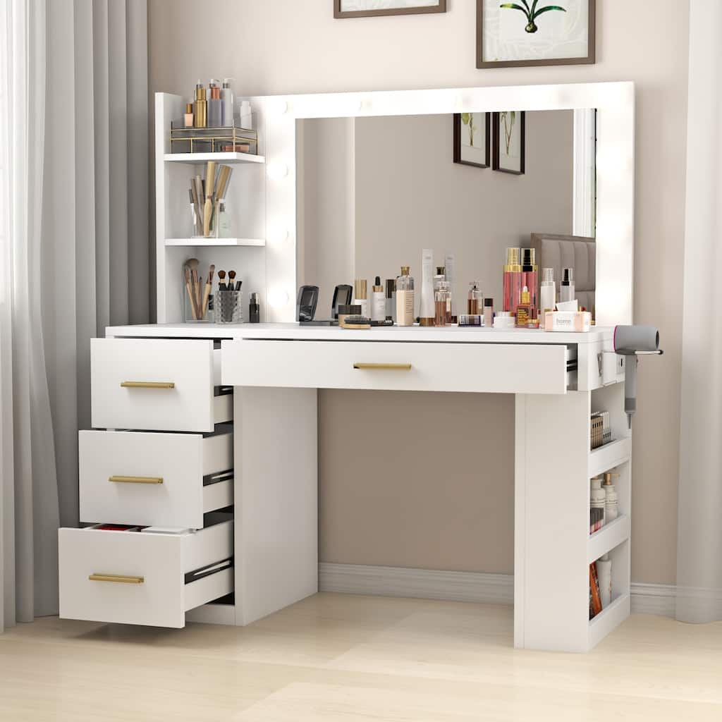 Moasis 40" Makeup Vanity with Mirror and Lighted ,Vanity Table with Power Outlet and 4 Drawers & Storage Shelves