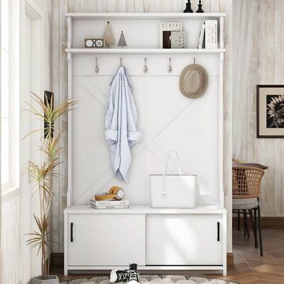 74.8"H Hall Tree with Top Shelf, Storage Bench, Sliding Doors and 5 Hooks