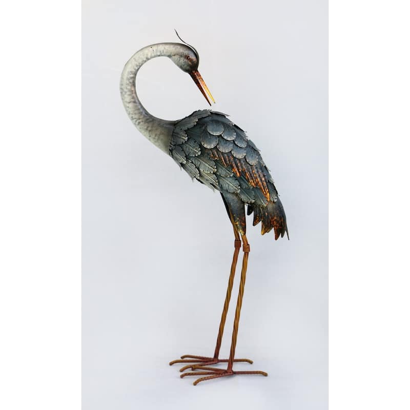 Heron Looking Backwards Metal Garden Sculpture