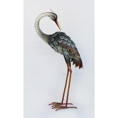 Heron Looking Backwards Metal Garden Sculpture