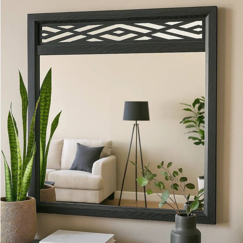 Kira 22 x 40 Dresser Mirror, Geometric Design, Rubberwood, Black Finish