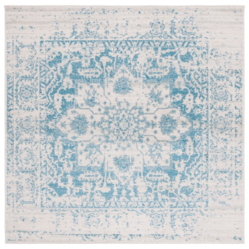 SAFAVIEH Madison Delois Medallion Rustic Farmhouse Distressed Rug - 5'3" Square - Teal/Ivory