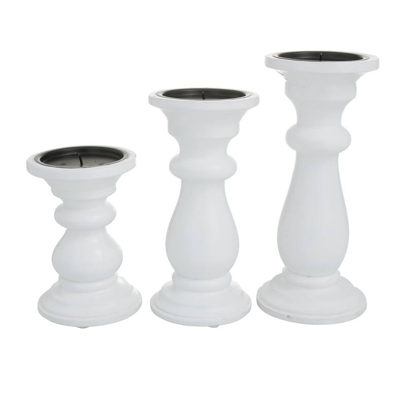 Mango Wood Turned Style Pillar Candle Holder (Set of 3) - Black, White or Gold - S/3 10", 8", 6"H